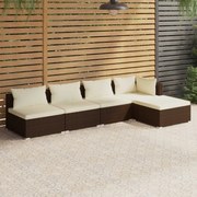 vidaXL 5 pcs conjunto lounge jardim c/ almofadões vime PE castanho