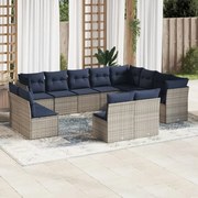 vidaXL 12 pcs conjunto sofás p/ jardim c/ almofadões vime PE cinzento