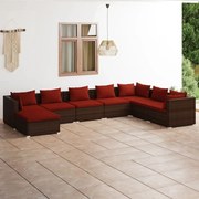 8 pcs conjunto lounge jardim c/ almofadões vime PE castanho