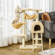 Árvore para Gatos Arranhador com Poste Ninho Cesta Rede Plataforma Casa e Escada de Veludo e Sisal Natural 54x29,5x98 cm Bege