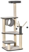 PawHut Árvore para Gatos Grande Torre de Escalar com Múltiplas Plataformas Cama Superior Túnel Postes de Arranhar de Sisal Natural e Brinquedos 49x49x130 cm Bege e Cinza