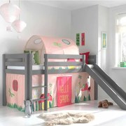 Conjunto Cama alta de Criança PINO 90 x 200 cm + estrado + escada + escorrega + tunel + cortina Primavera Cinzenta
