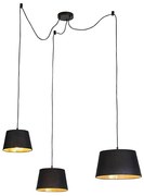 Candeeiro de suspensão com 3 cúpulas de algodão preto e dourado - Cava Clássico / Antigo