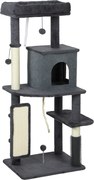PawHut Árvore para Gatos Multicamadas Alta 132 cm com Casinha, Cama, Postes para Arranhar, Escova e Bolinha, Cinza Escuro | Aosom Portugal