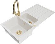 Mexen Andres lava-loiça de granito 1,5-cubas com escorredor e torneira de cozinha Elia, branco - 6515-20-670101-50