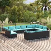 13 pcs conjunto lounge de jardim c/ almofadões vime PE preto