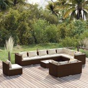 11 pcs conjunto lounge de jardim c/ almofadões vime PE castanho