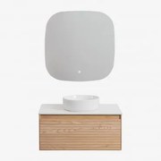 Conjunto De Móvel De Casa De Banho Suspenso 80x50 Cm Em Madeira De Freixo Tedrik Castanho Fresno & Cerâmica Redonda Branca Ø40 Cm - Sklum