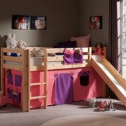 Conjunto Cama alta de Criança PINO 90 x 200 cm + estrado + escada + escorrega + cortina Bella Natural