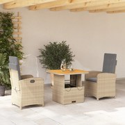 vidaXL 3 pcs conjunto de jantar p/ jardim com almofadões vime PE bege