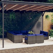 12 pcs conjunto lounge de jardim c/ almofadões vime PE cinzento