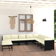 vidaXL 11 pcs conjunto lounge de jardim c/ almofadões vime PE preto