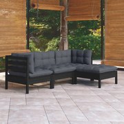 4 pcs conjunto lounge de jardim c/ almofadões pinho preto