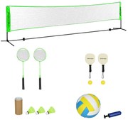 SPORTNOW Kit de Badminton de 7 Peças Jogo de Badminton com 2 Raquetes 3 Badminton 2 Raquetes de Pickleball 2 Bolas de Pickleball Bola de Voleibol e Rede com Suporte Preto e Verde