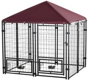 PawHut Parque para Cães com 8 Painéis 2 Suportes Giratórios para Comida 2 Tigelas e Toldo Impermeável 141x141x153 cm Preto e Vermelho