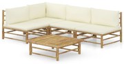 5 pcs conj. lounge p/ jardim em bambu c/ almofadões branco nata