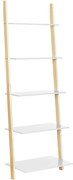Prateleira tipo escada VASAGLE, estante de 5 níveis, prateleira de parede para sala de estar, cozinha, escritório, estrutura de madeira maciça, montagem simples, encostada na parede, branco fosco e cor natural LLS201N01