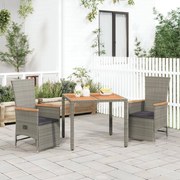 vidaXL 3 pcs conjunto de jantar p/ jardim c/ almofadões vime PE cinza