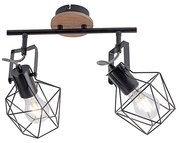 Foco industrial preto com madeira 2 luzes - Sven Moderno