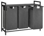 Cesto de roupa suja VASAGLE, cesto de roupa suja com 3 compartimentos, sacos de roupa sujos removíveis, separador de roupa suja, prateleira, estrutura de metal, 3 x 38L, 92,5 x 33 x 72 cm, preto e cinza BLH301G01