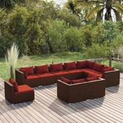 vidaXL 10 pcs conjunto lounge de jardim c/ almofadões vime PE castanho