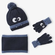 Conjunto gorro + gola snood + luvas/mitenes «Monstro»,  para menino  marinho