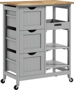 HOMCOM Carrinho de Cozinha com Rodas Carrinho de Serviço com 3 Gavetas 2 Prateleiras Abertas e Bandeja 67x37x85,5 cm Cinzento | Aosom Portugal