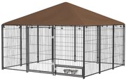 PawHut Parque Cães Toldo Suporte Giratório Comida 2 Tigelas Incluídas Espaço Seguro 211x141x151 cm Preto e Marrom | Aosom Portugal