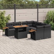 9 pcs conjunto de sofás p/ jardim c/ almofadões vime PE preto