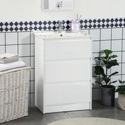 Móvel de Casa de Banho com Lavatório Armário Casa de Banho de Cerâmica Sintética com 2 Gavetas 61x37x88 cm Branco Brilhante