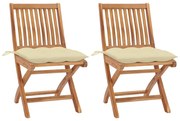 vidaXL Cadeiras de jardim c/ almofadões branco creme 2 pcs teca maciça