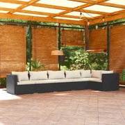 6 pcs conjunto lounge de jardim c/ almofadões vime PE preto