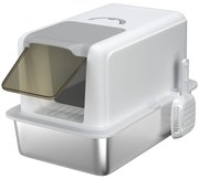 Pawhut Caixa de Areia para Gatos Bandeja em Aço Inoxidável Filtro Pá para Gatos Até 6 Kg 40,5x60,5x41,5 cm Branco Prateado | Aosom Portugal