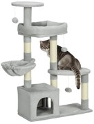 PawHut Arranhador para Gatos com Postes Arranhadores de Sisal Cova Plataformas e Bolas Suspensas 65x30x104 cm Cinzento Claro | Aosom Portugal