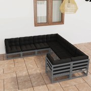 8pcs conjunto lounge de jardim c/ almofadões pinho maciço cinza