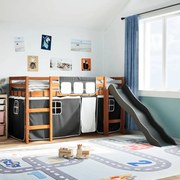 vidaXL Cama alta criança c/ cortina 80x200cm pinho maciço branco/preto