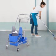 Carro de Limpeza Profissional com Rodas Balde de Esfregona Removível de 25L Espremedor Cesto e Cubeta 72x49,5x95 cm Azul