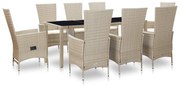 vidaXL 9 pcs conjunto jantar exterior com almofadões vime PE bege