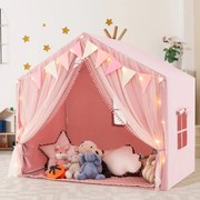 Tenda infantil com 2 cortinas de tecido e rede, luzes de estrelas, 2 janelas respiráveis e almofada de algodão rosa