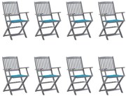 vidaXL Cadeiras de exterior dobráveis 8pcs c/ almofadões acácia maciça