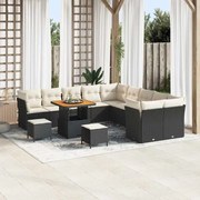 vidaXL Conjunto de Sofá de Jardim com 13 Peças e Almofadas Pretas de Rattan Sintético e Acácia.