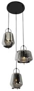 Candeeiro de suspensão preto com vidro fumê redondo 3 luzes - Kevin Art Deco