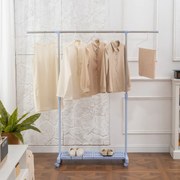 Guarda Roupa com Rodas com Barra de Aço Inoxidável e Prateleira para Sapatos Altura Ajustável 94-159x42x93-168 cm Azul