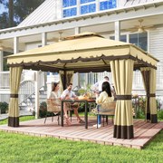 Pérgola de Jardim 3,7x3 m com Teto Duplo 4 Cortinas e Mosquiteira Estrutura em Aço Orifícios de Drenagem UV30+ Bege