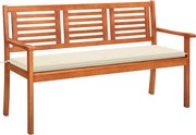 vidaXL Banco de jardim 3 lugares c/ almofadão 150 cm eucalipto maciço