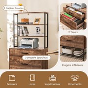 Armário de arquivo com estação de carregamento Armário de escritório com 3 prateleiras abertas e 2 gavetas Cinza rústico