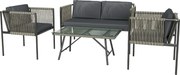 Outsunny Conjunto de móveis de jardim 4 peças, 1 sofá, 2 poltronas, 1 mesa com tampo de vidro, almofadas, estrutura em aço, rattan sintético, cinza | Aosom Portugal