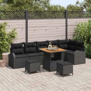Conjunto de Sofá de Jardim de 9 Peças com Almofadas Preto Rattan Poliéster