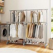 Cabideiro Duplo com Rodas, Altura Ajustável e Largura Extensível, Metal Resistente para closet, Lavandaria ou Sala 140-195 cm Cinza