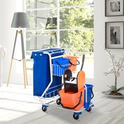 Carro de Limpeza Profissional com Balde Duplo Removível de 18 Litros Escorredor 2 Baldes Auxiliares e Bolsa de Lixo 100x70x103cm Azul e Laranja